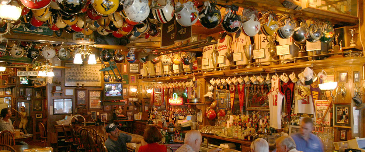 Interior of Chappell's Restaurant filled with sports memorabilia